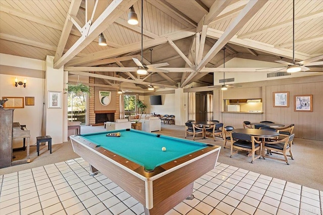 game room featuring billiards, a fireplace, light carpet, and wooden ceiling