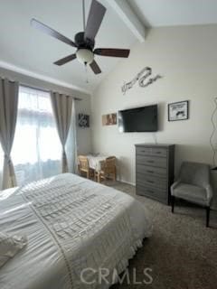 bedroom featuring lofted ceiling with beams and ceiling fan