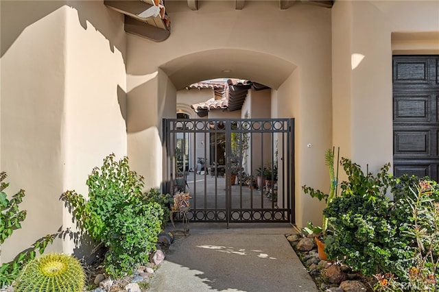 entrance to property featuring a gate and stucco siding