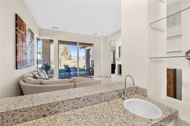 bathroom with visible vents, a fireplace, and vanity