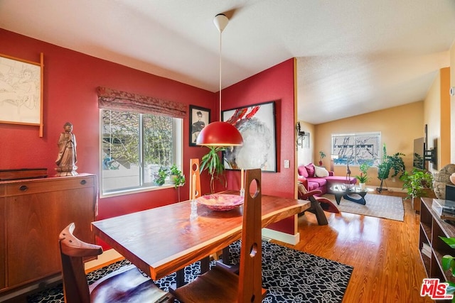 dining room with lofted ceiling and hardwood / wood-style floors