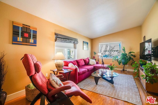 living room with lofted ceiling and hardwood / wood-style floors