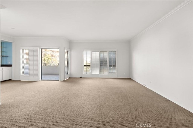 carpeted spare room with crown molding