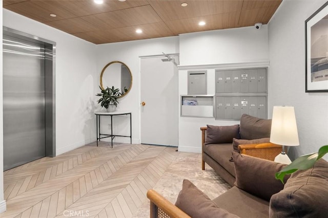 living room featuring elevator, light parquet flooring, wooden ceiling, and mail boxes