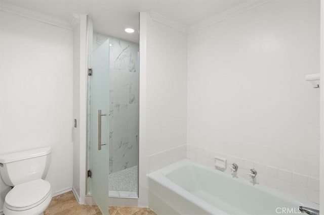 bathroom featuring independent shower and bath, ornamental molding, and toilet