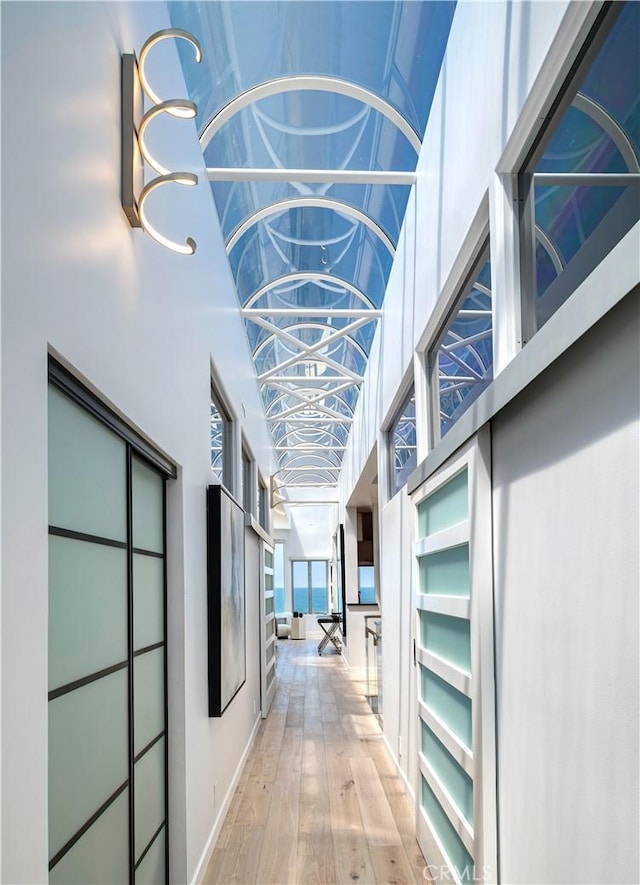 hall featuring hardwood / wood-style flooring and a towering ceiling