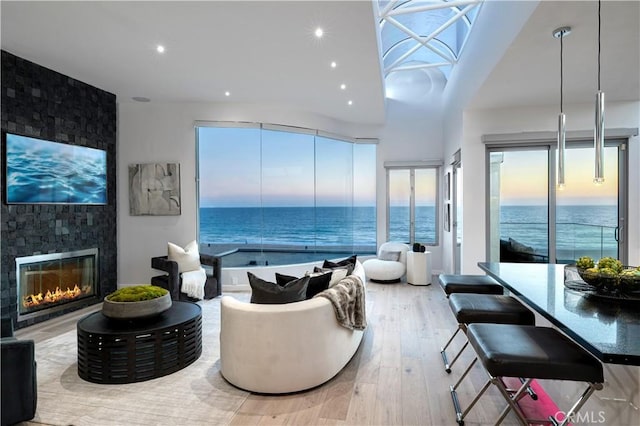 living room featuring a water view, a stone fireplace, and light wood-type flooring