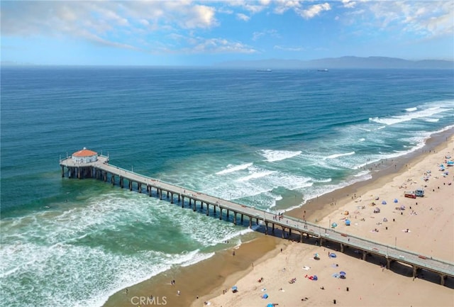 bird's eye view with a water view and a view of the beach