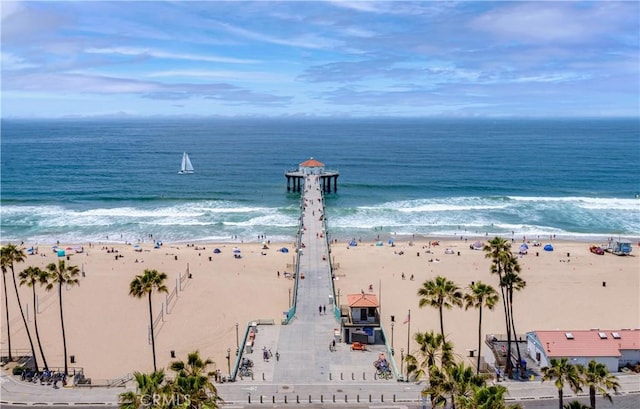 view of water feature with a beach view