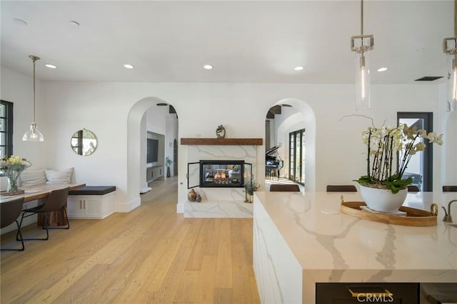 living room with a fireplace and light wood-type flooring