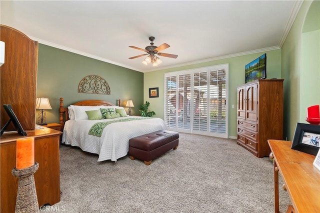 carpeted bedroom with crown molding, ceiling fan, and access to exterior