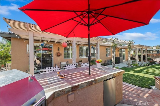 view of patio featuring an outdoor kitchen and a pergola