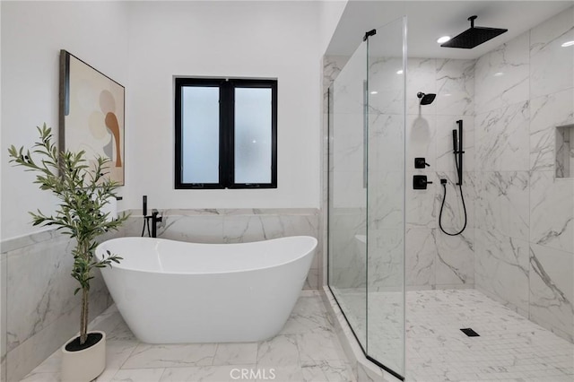 bathroom with independent shower and bath and tile walls