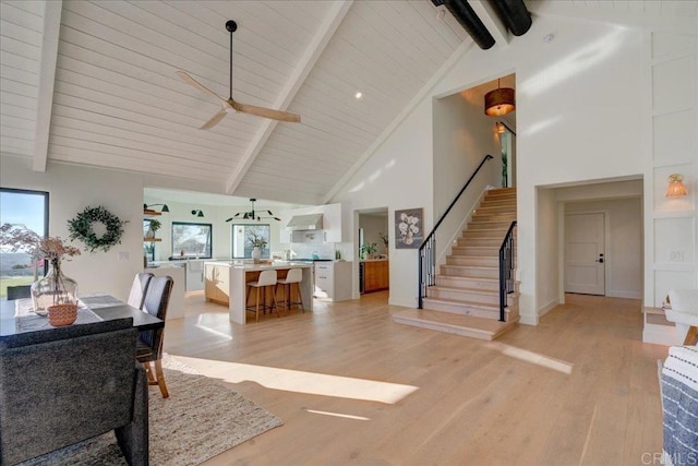 interior space with beamed ceiling, high vaulted ceiling, light hardwood / wood-style floors, and wooden ceiling