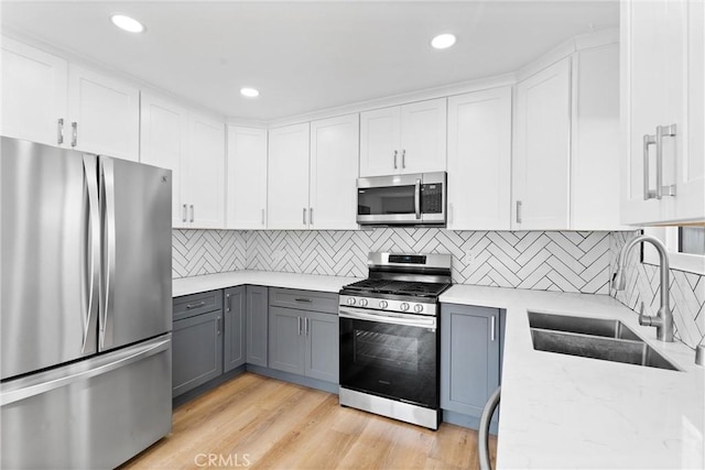 kitchen featuring gray cabinets, appliances with stainless steel finishes, white cabinetry, sink, and light hardwood / wood-style floors