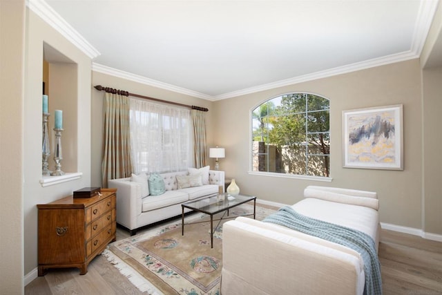 living room with crown molding, plenty of natural light, and light hardwood / wood-style floors