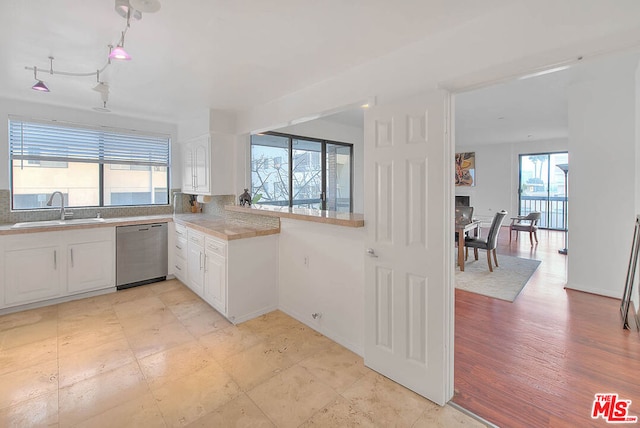 kitchen featuring white cabinetry, dishwasher, sink, and decorative backsplash