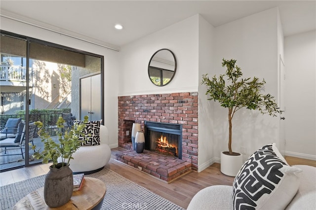 living room with hardwood / wood-style flooring and a fireplace