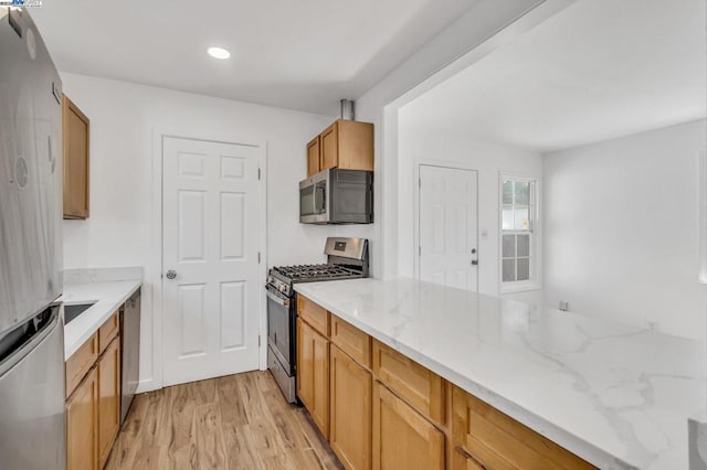 kitchen with light stone counters, light hardwood / wood-style flooring, and stainless steel appliances