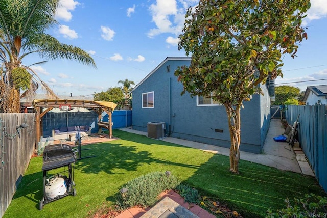 view of yard featuring cooling unit, a pergola, and a patio