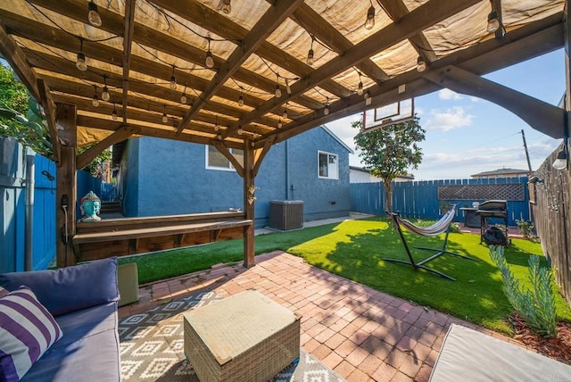 view of patio with a pergola and central AC