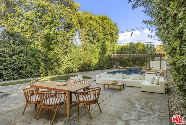 view of patio / terrace with a fenced in pool, an outdoor living space, and a pergola