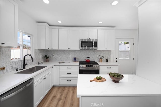 kitchen featuring white cabinetry, stainless steel appliances, sink, and backsplash