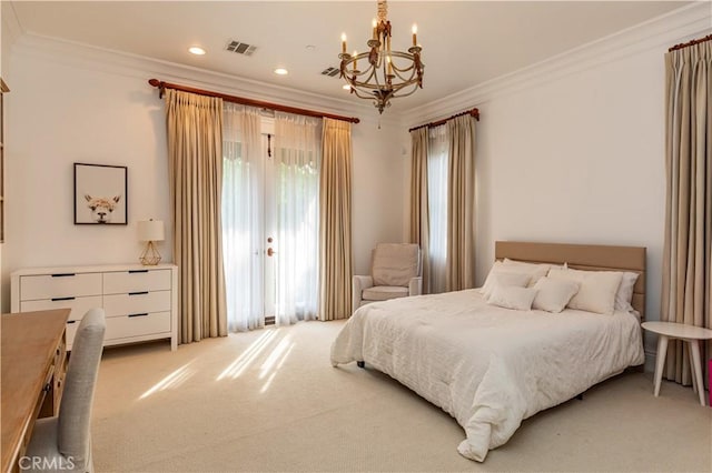 bedroom with visible vents, light colored carpet, access to outside, crown molding, and recessed lighting