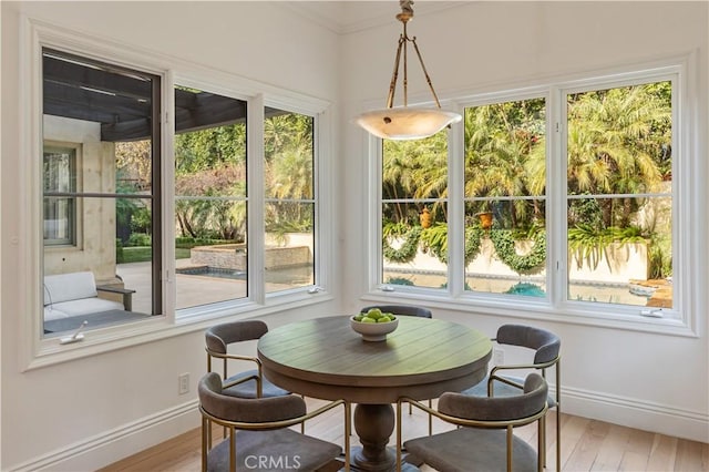 dining room with plenty of natural light, baseboards, and wood finished floors