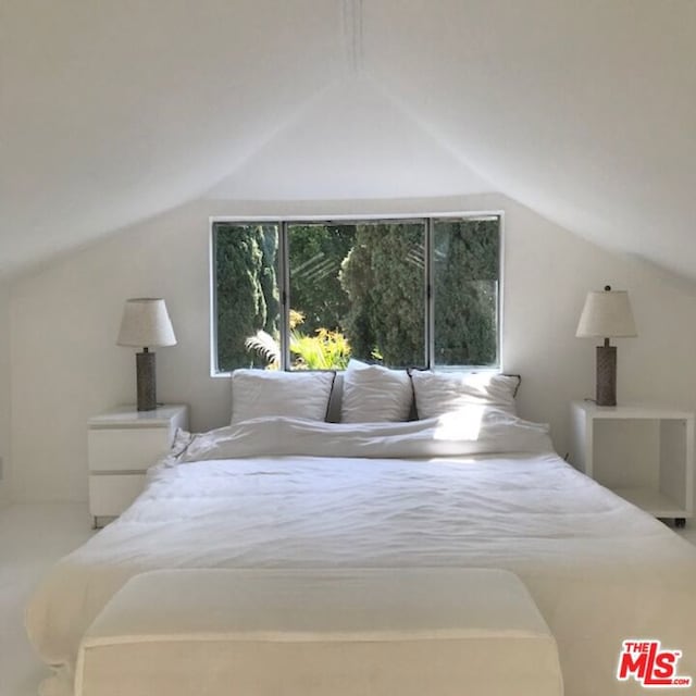 bedroom featuring lofted ceiling