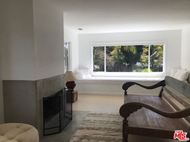 sitting room with a fireplace