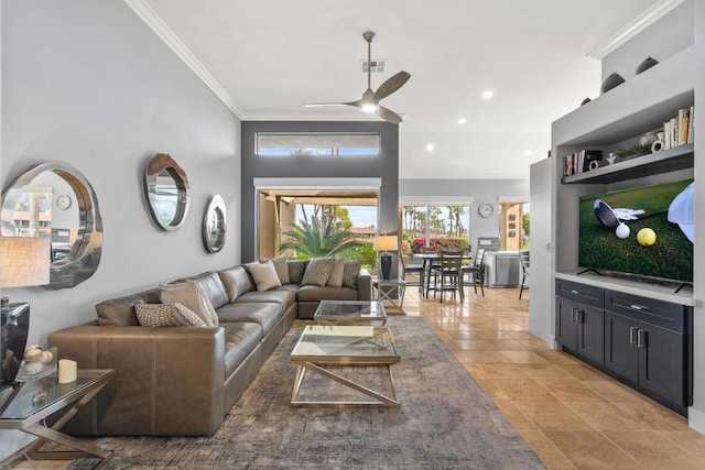 tiled living room featuring crown molding and ceiling fan