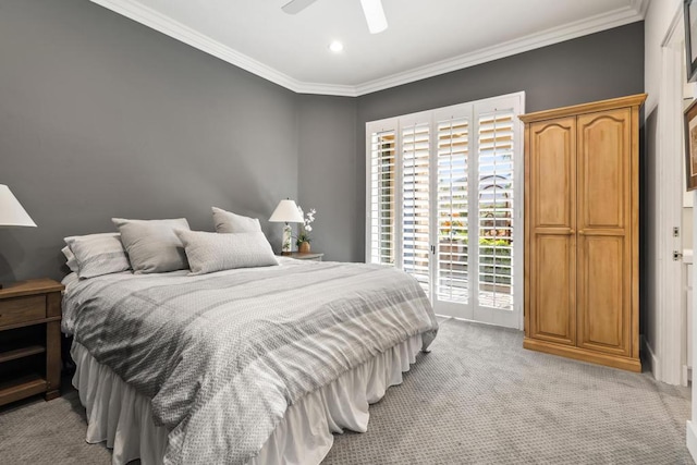 bedroom featuring ceiling fan, ornamental molding, light carpet, and access to outside