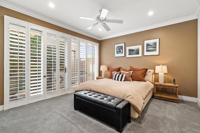 bedroom featuring access to exterior, ornamental molding, ceiling fan, and carpet flooring