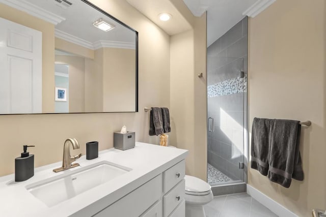 bathroom featuring crown molding, a shower with door, tile patterned flooring, vanity, and toilet