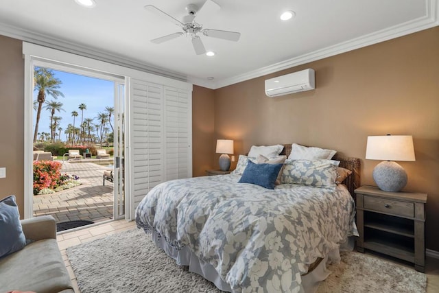 bedroom featuring light tile patterned flooring, an AC wall unit, ornamental molding, ceiling fan, and access to exterior