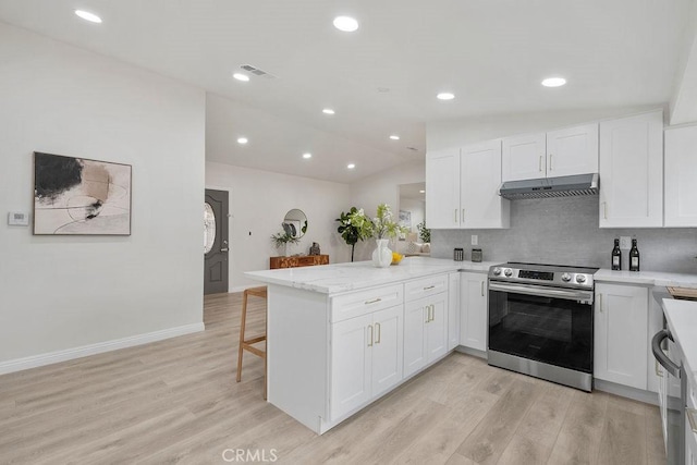 kitchen with white cabinetry, stainless steel electric range, kitchen peninsula, light stone countertops, and light hardwood / wood-style floors