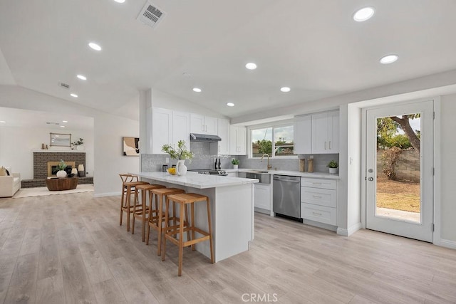 kitchen featuring white cabinetry, lofted ceiling, and stainless steel dishwasher