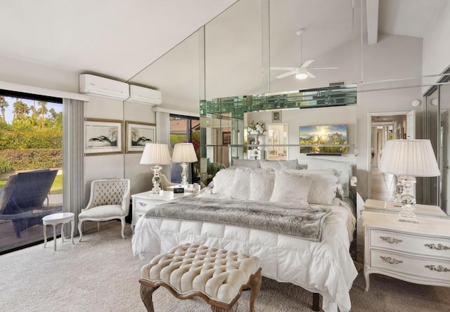 carpeted bedroom featuring multiple windows, a wall unit AC, and beam ceiling