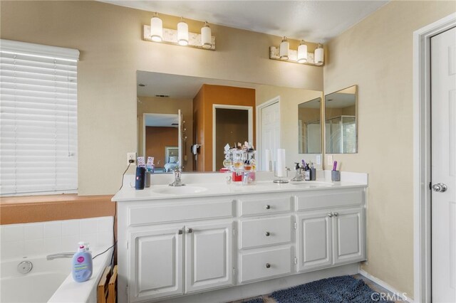 bathroom featuring vanity and a washtub