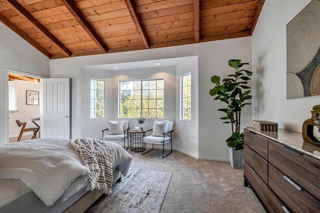 carpeted bedroom with wood ceiling and lofted ceiling with beams