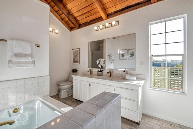 bathroom with wood ceiling, vanity, wood-type flooring, lofted ceiling with beams, and toilet