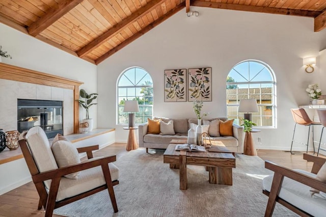 living room featuring wood ceiling, hardwood / wood-style flooring, high vaulted ceiling, a fireplace, and beamed ceiling