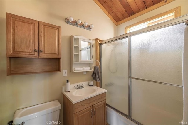 full bathroom with vaulted ceiling, shower / bath combination with glass door, vanity, wood ceiling, and toilet