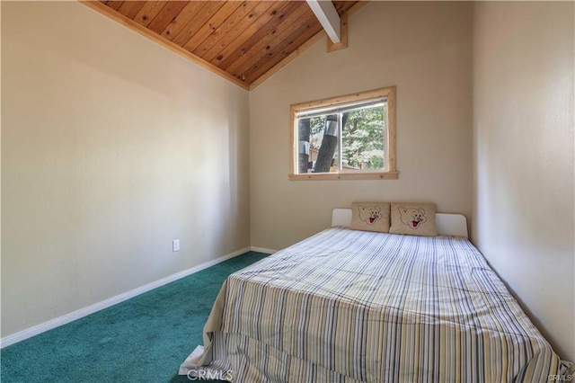 carpeted bedroom featuring lofted ceiling with beams and wood ceiling