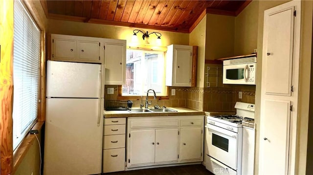 kitchen featuring wood ceiling, white appliances, and white cabinetry