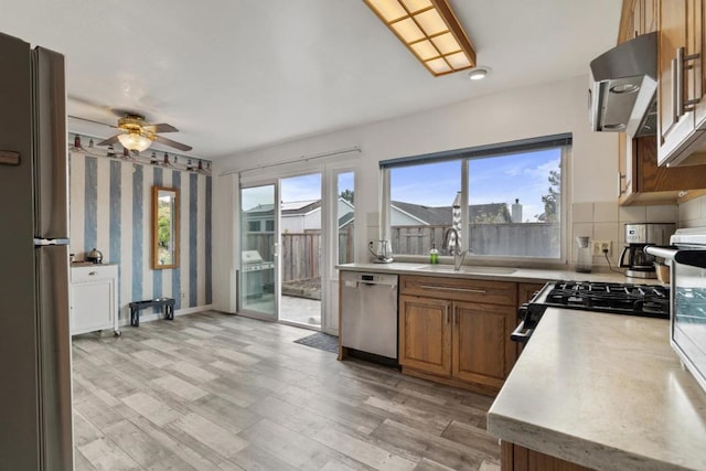 kitchen with stainless steel appliances, sink, exhaust hood, and light wood-type flooring