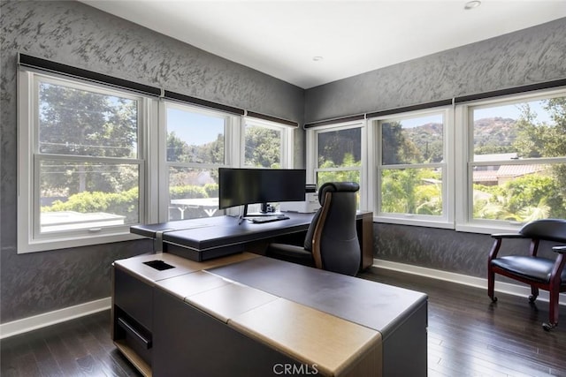 office area with a healthy amount of sunlight and dark wood-type flooring