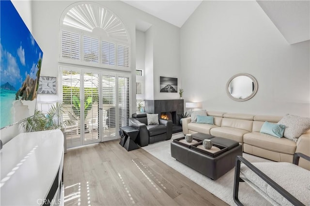 living room featuring light wood-type flooring and a high ceiling