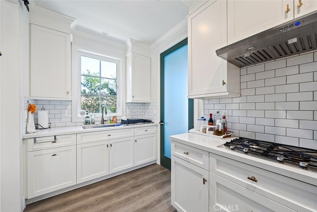 kitchen with stainless steel gas stovetop, sink, decorative backsplash, and white cabinets